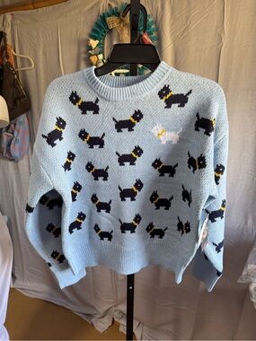 Stranger Things Light Blue Dog Print Crewneck Sweater - Women